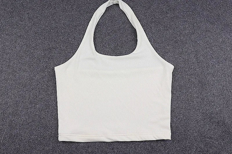 White Halter Sexy Backless Tank Tops for Women Streetwear 2024 Sleeveless Ribbed Knit Vest Top Cropped Feminino - MAGUSTA BEAUTY