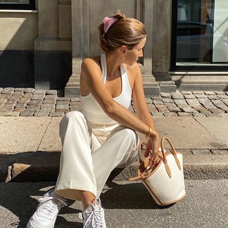 White Halter Sexy Backless Tank Tops for Women Streetwear 2024 Sleeveless Ribbed Knit Vest Top Cropped Feminino - MAGUSTA BEAUTY