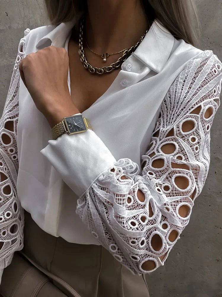 White Sexy Lace Hollow Out Women Blouse Autumn 2025 Spring Black Top Vintage Button Up Shirts Long Sleeve Mesh Design Tops 19948 - MAGUSTA BEAUTY