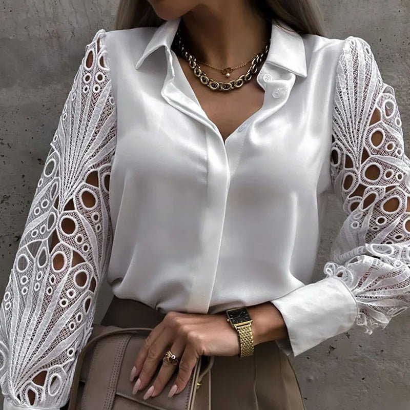 White Sexy Lace Hollow Out Women Blouse Autumn 2025 Spring Black Top Vintage Button Up Shirts Long Sleeve Mesh Design Tops 19948 - MAGUSTA BEAUTY