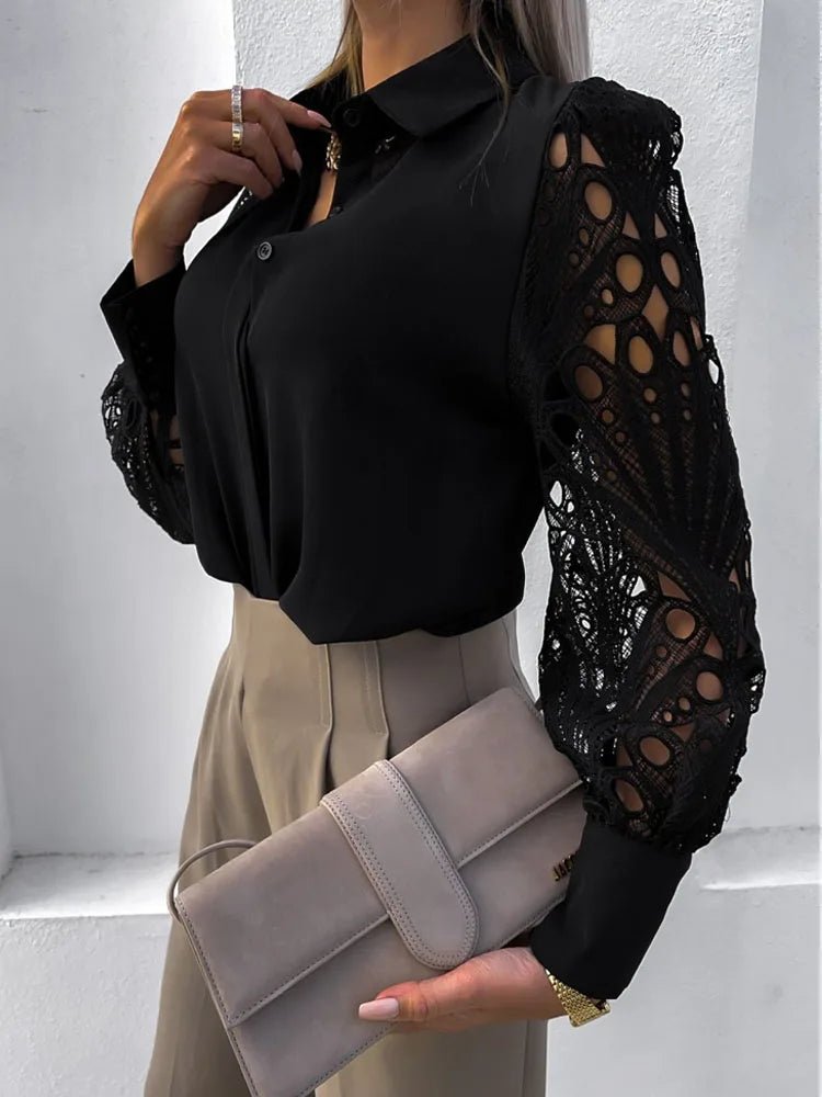 White Sexy Lace Hollow Out Women Blouse Autumn 2025 Spring Black Top Vintage Button Up Shirts Long Sleeve Mesh Design Tops 19948 - MAGUSTA BEAUTY