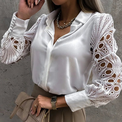 White Sexy Lace Hollow Out Women Blouse Autumn 2025 Spring Black Top Vintage Button Up Shirts Long Sleeve Mesh Design Tops 19948 - MAGUSTA BEAUTY
