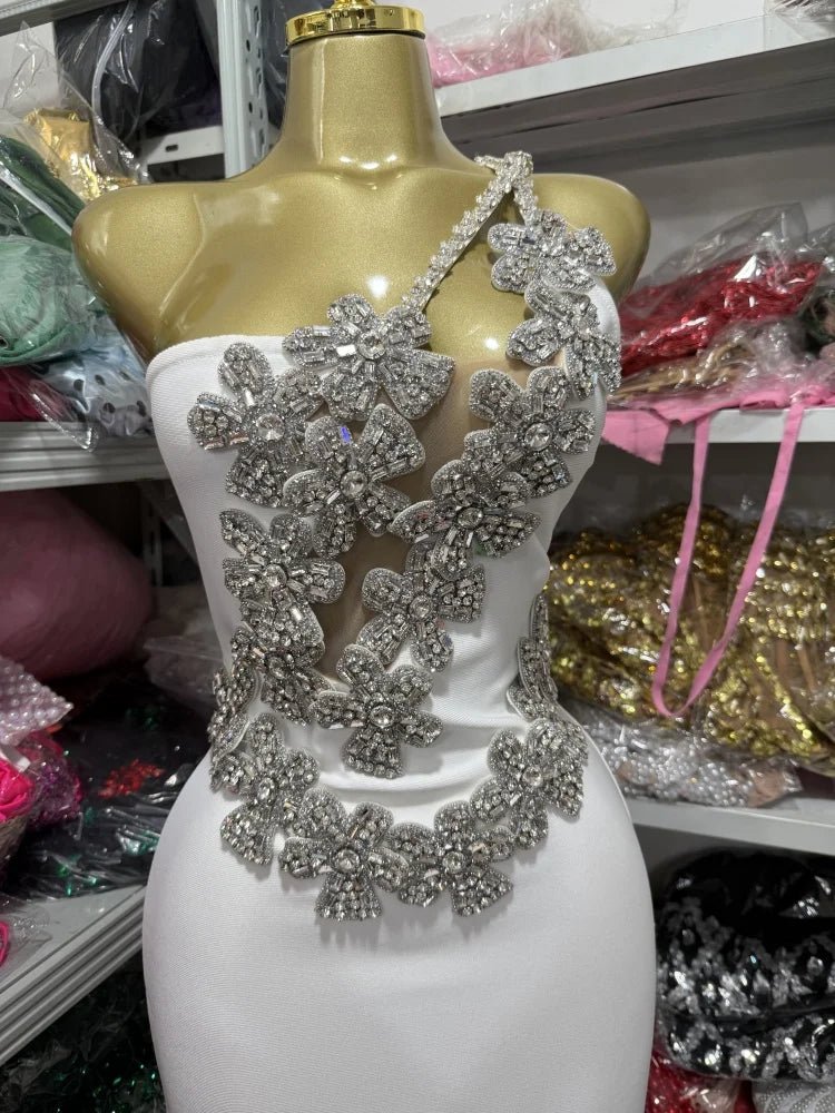 White Sexy One - Shoulder, Off - The - Shoulder, Rhinestone, Backless,One - Shoulder Tight, Hip - Hugging Bandage Dress - MAGUSTA BEAUTY