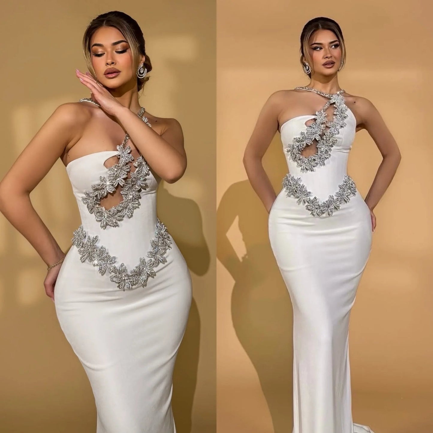 White Sexy One - Shoulder, Off - The - Shoulder, Rhinestone, Backless,One - Shoulder Tight, Hip - Hugging Bandage Dress - MAGUSTA BEAUTY