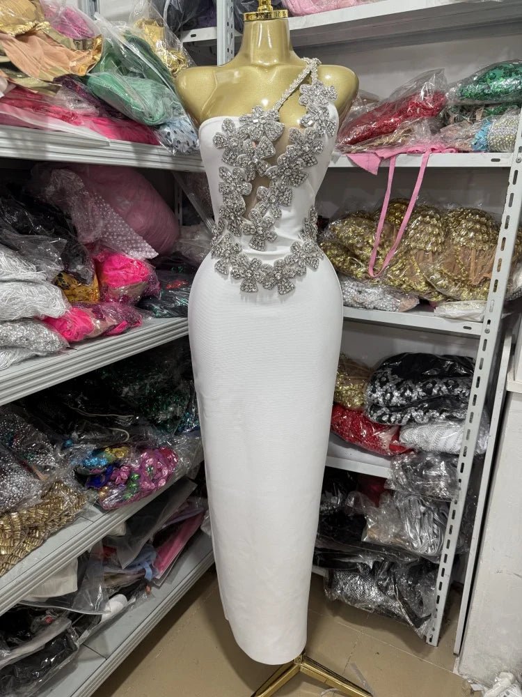 White Sexy One - Shoulder, Off - The - Shoulder, Rhinestone, Backless,One - Shoulder Tight, Hip - Hugging Bandage Dress - MAGUSTA BEAUTY