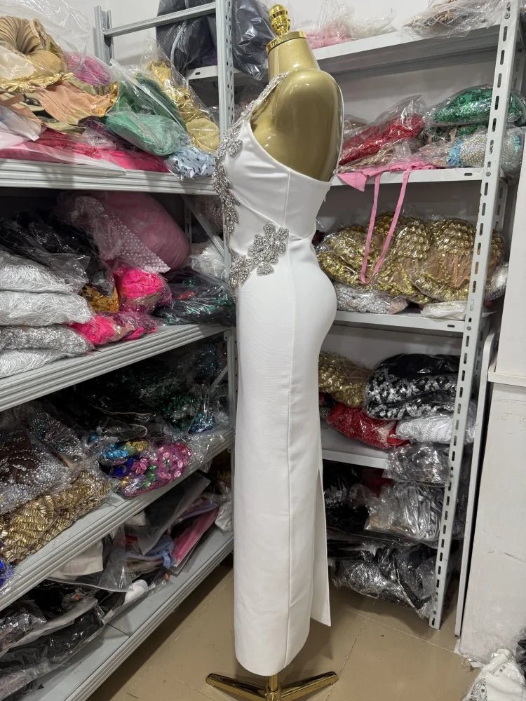 White Sexy One - Shoulder, Off - The - Shoulder, Rhinestone, Backless,One - Shoulder Tight, Hip - Hugging Bandage Dress - MAGUSTA BEAUTY