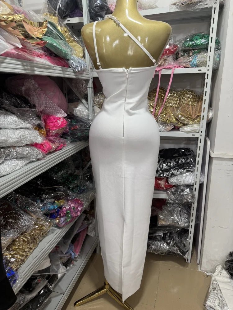 White Sexy One - Shoulder, Off - The - Shoulder, Rhinestone, Backless,One - Shoulder Tight, Hip - Hugging Bandage Dress - MAGUSTA BEAUTY