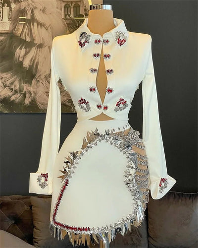 White Sheath Prom Dresses 2025 Beaded Crystals Homecoming Dress Long Sleeve Party Gown Mini Cocktail Gowns Backless robe de bal - MAGUSTA BEAUTY
