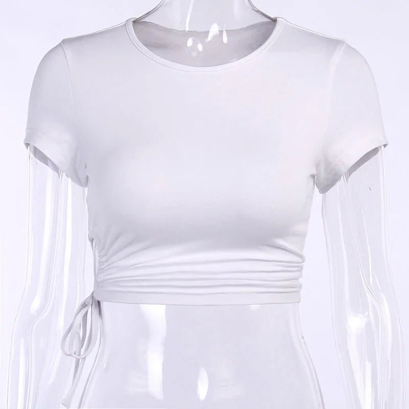 White T-shirt Crop Tops Women Summer Short Sleeve Solid Round Neck Short Tee Top Drawstring Slim Fashion Female Shirts - MAGUSTA BEAUTY