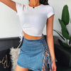 White T-shirt Crop Tops Women Summer Short Sleeve Solid Round Neck Short Tee Top Drawstring Slim Fashion Female Shirts - MAGUSTA BEAUTY