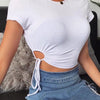 White T-shirt Crop Tops Women Summer Short Sleeve Solid Round Neck Short Tee Top Drawstring Slim Fashion Female Shirts - MAGUSTA BEAUTY