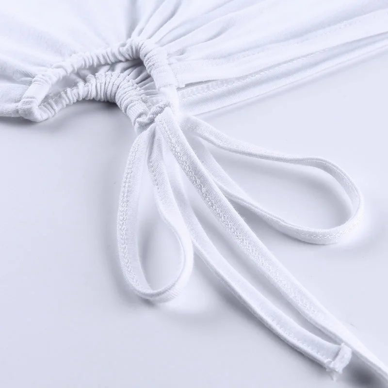 White T-shirt Crop Tops Women Summer Short Sleeve Solid Round Neck Short Tee Top Drawstring Slim Fashion Female Shirts - MAGUSTA BEAUTY