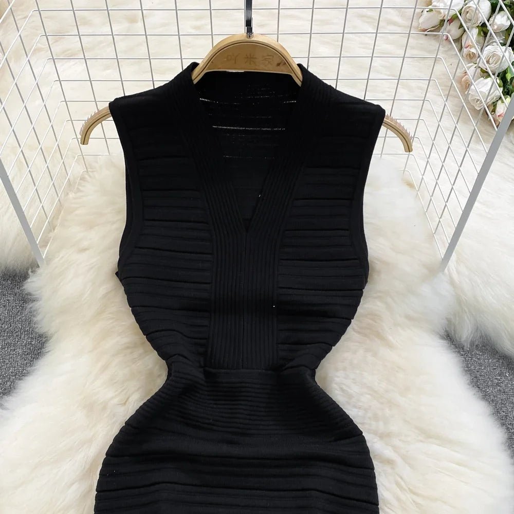 White/Black Sexy Summer Knit Strap Dress Women Tank V Neck Elatic Waist Bodycon Sundress Female Beach Midi Dress - MAGUSTA BEAUTY