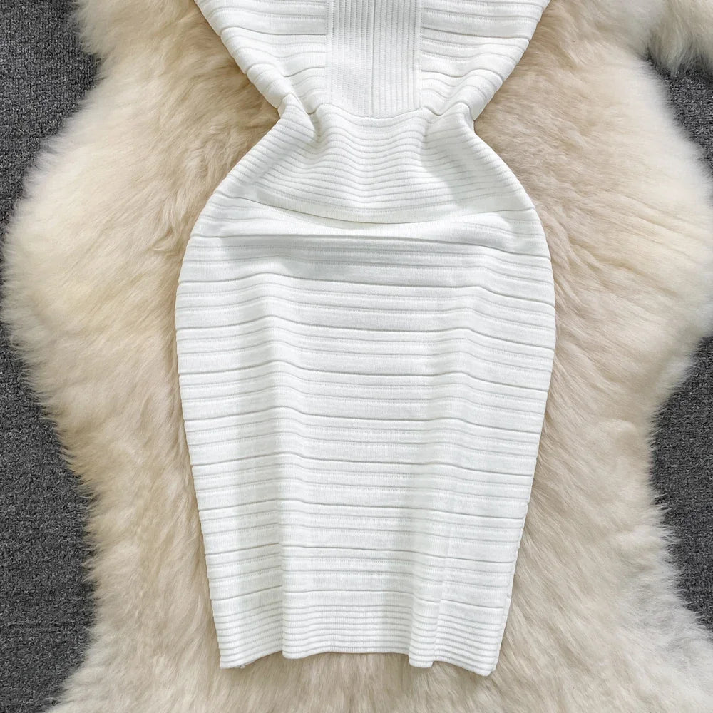 White/Black Sexy Summer Knit Strap Dress Women Tank V Neck Elatic Waist Bodycon Sundress Female Beach Midi Dress - MAGUSTA BEAUTY