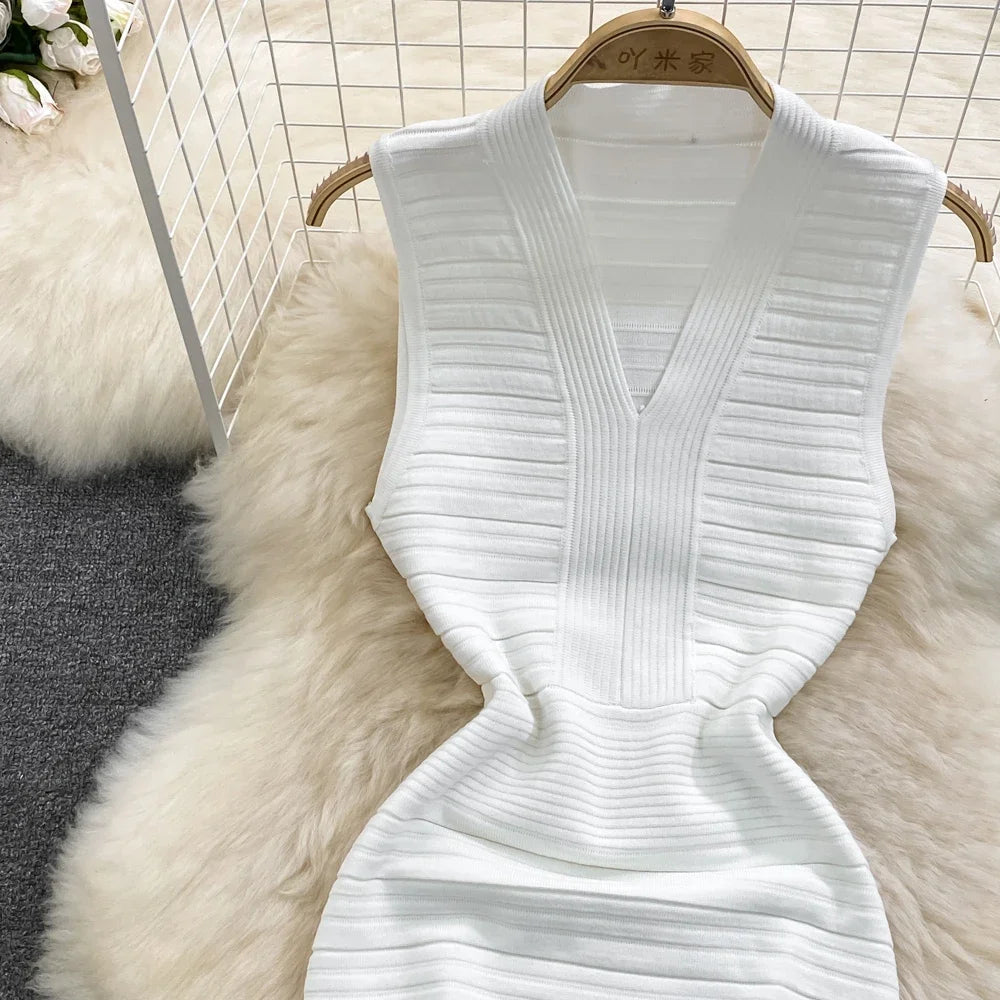White/Black Sexy Summer Knit Strap Dress Women Tank V Neck Elatic Waist Bodycon Sundress Female Beach Midi Dress - MAGUSTA BEAUTY