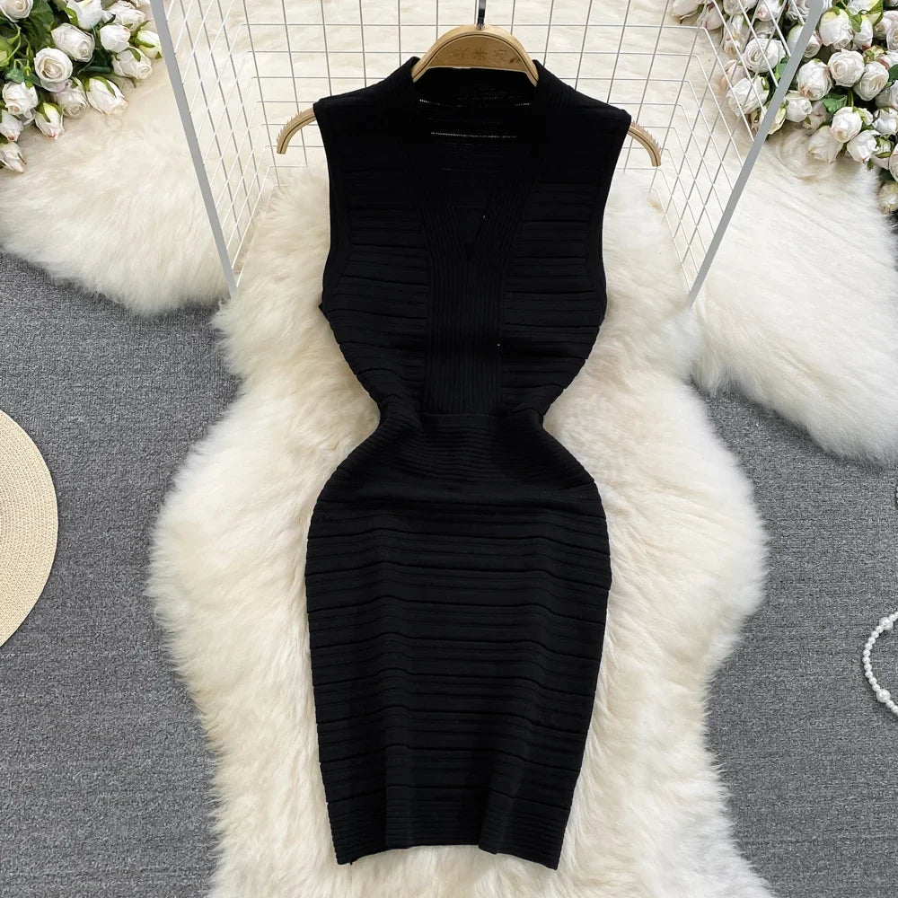 White/Black Sexy Summer Knit Strap Dress Women Tank V Neck Elatic Waist Bodycon Sundress Female Beach Midi Dress - MAGUSTA BEAUTY