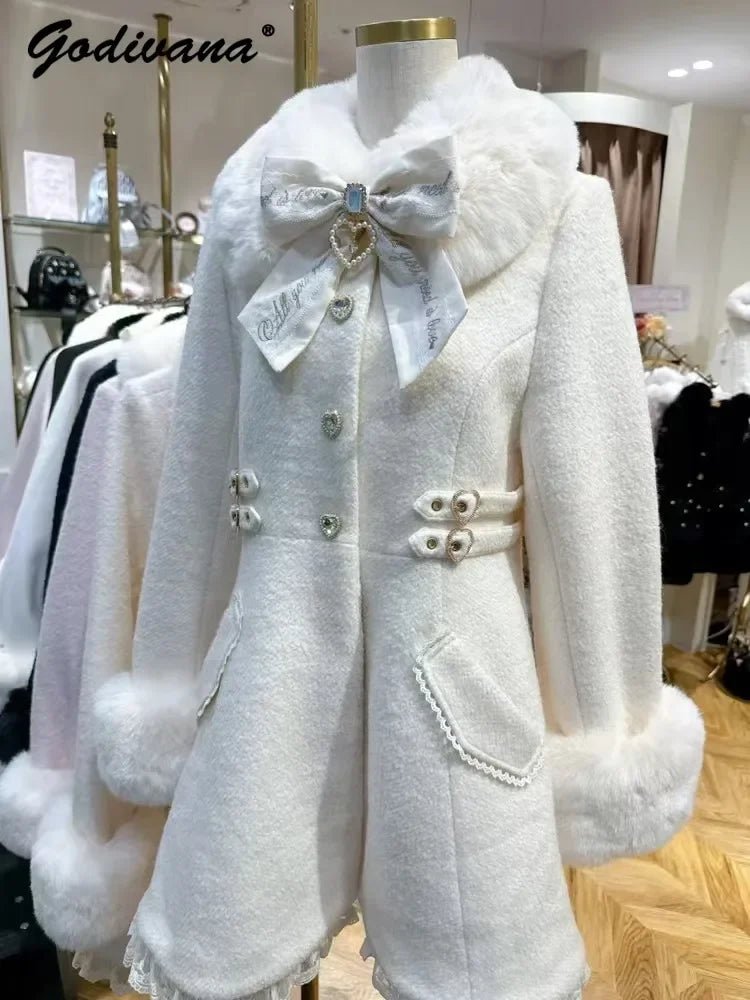 Winter New Japanese Sweet Bow Slim Medium Long Woolen Coat Faux Fur Collar Lolita Girl Women's Pink White Wool Jacket Overcoat - MAGUSTA BEAUTY