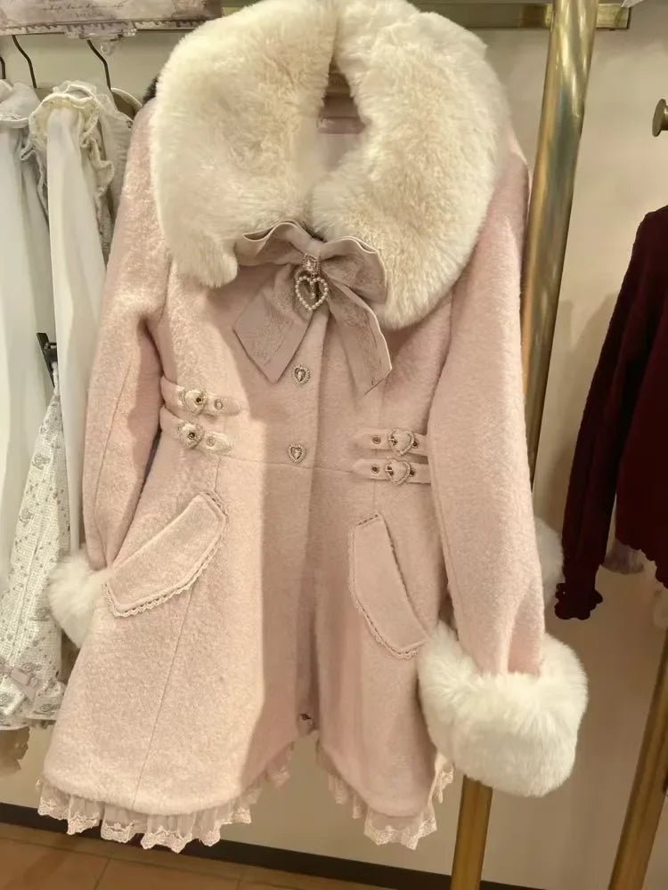 Winter New Japanese Sweet Bow Slim Medium Long Woolen Coat Faux Fur Collar Lolita Girl Women's Pink White Wool Jacket Overcoat - MAGUSTA BEAUTY