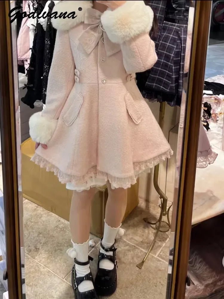 Winter New Japanese Sweet Bow Slim Medium Long Woolen Coat Faux Fur Collar Lolita Girl Women's Pink White Wool Jacket Overcoat - MAGUSTA BEAUTY