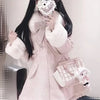 Winter New Japanese Sweet Bow Slim Medium Long Woolen Coat Faux Fur Collar Lolita Girl Women's Pink White Wool Jacket Overcoat - MAGUSTA BEAUTY