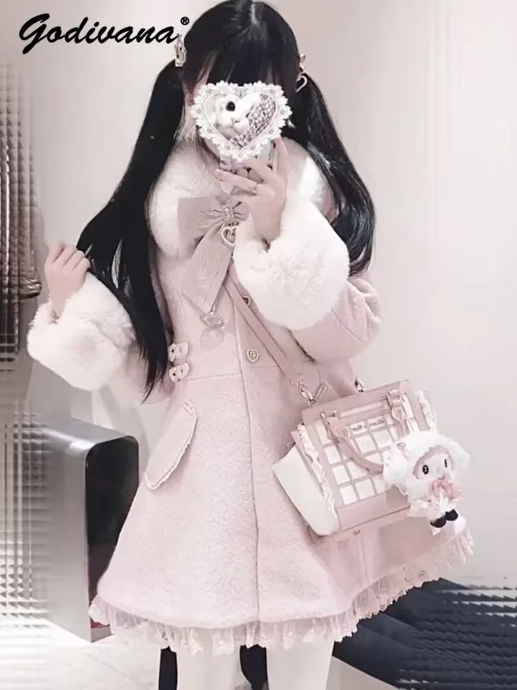 Winter New Japanese Sweet Bow Slim Medium Long Woolen Coat Faux Fur Collar Lolita Girl Women's Pink White Wool Jacket Overcoat - MAGUSTA BEAUTY
