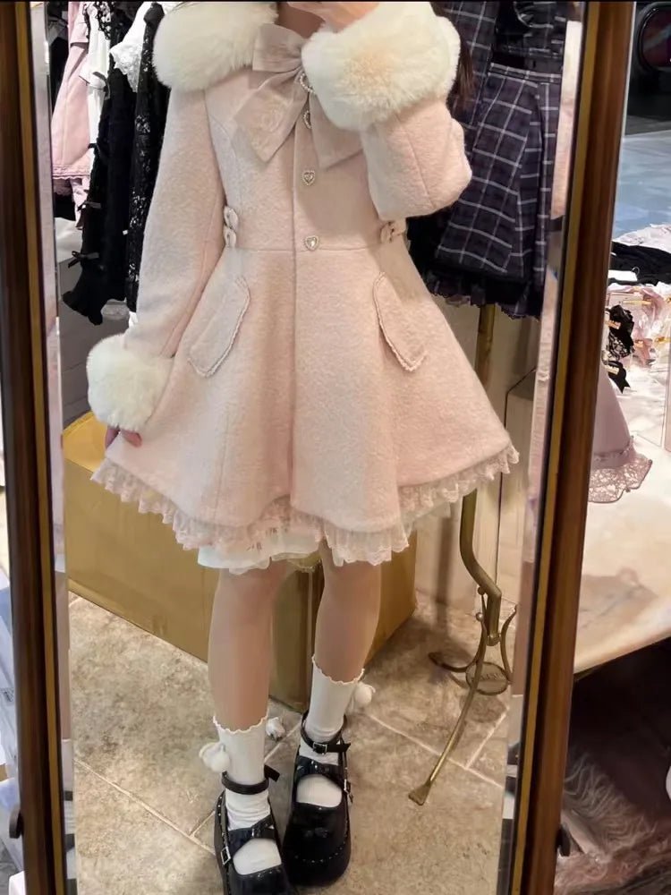 Winter New Japanese Sweet Bow Slim Medium Long Woolen Coat Faux Fur Collar Lolita Girl Women's Pink White Wool Jacket Overcoat - MAGUSTA BEAUTY