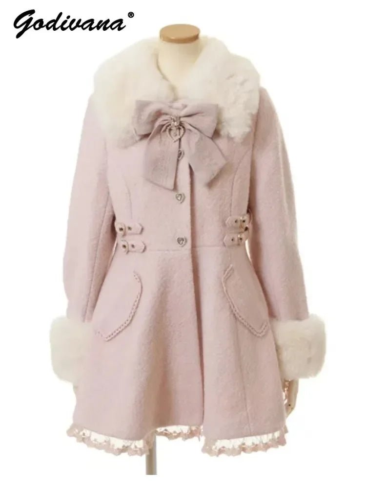 Winter New Japanese Sweet Bow Slim Medium Long Woolen Coat Faux Fur Collar Lolita Girl Women's Pink White Wool Jacket Overcoat - MAGUSTA BEAUTY