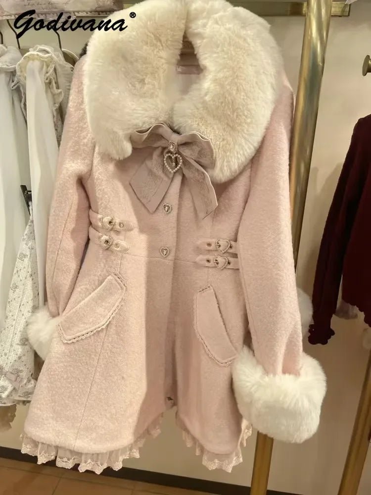 Winter New Japanese Sweet Bow Slim Medium Long Woolen Coat Faux Fur Collar Lolita Girl Women's Pink White Wool Jacket Overcoat - MAGUSTA BEAUTY