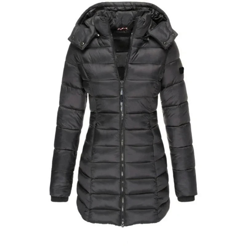 Winter Thicken Warm Women Parkas Solid Color Zippers Coats Long Sleeve Padded Puff Jacket Mid-Length Slim Female Hoodie Parkas - MAGUSTA BEAUTY