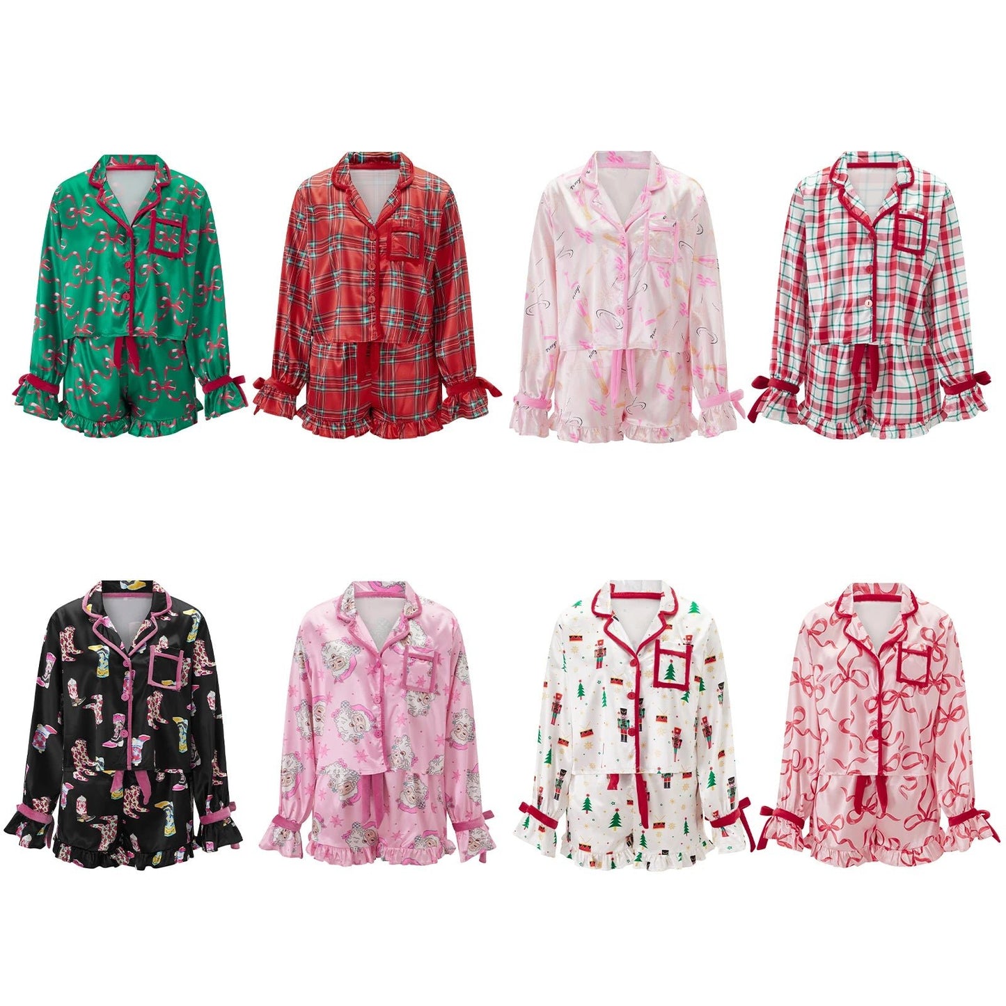 Women 2 Piece Christmas Pajamas Cute Bow Tie Long Sleeve Santa Claus Shirts Ruffles Boxer Shorts Satin Silk Xmas Pjs Sets - MAGUSTA BEAUTY