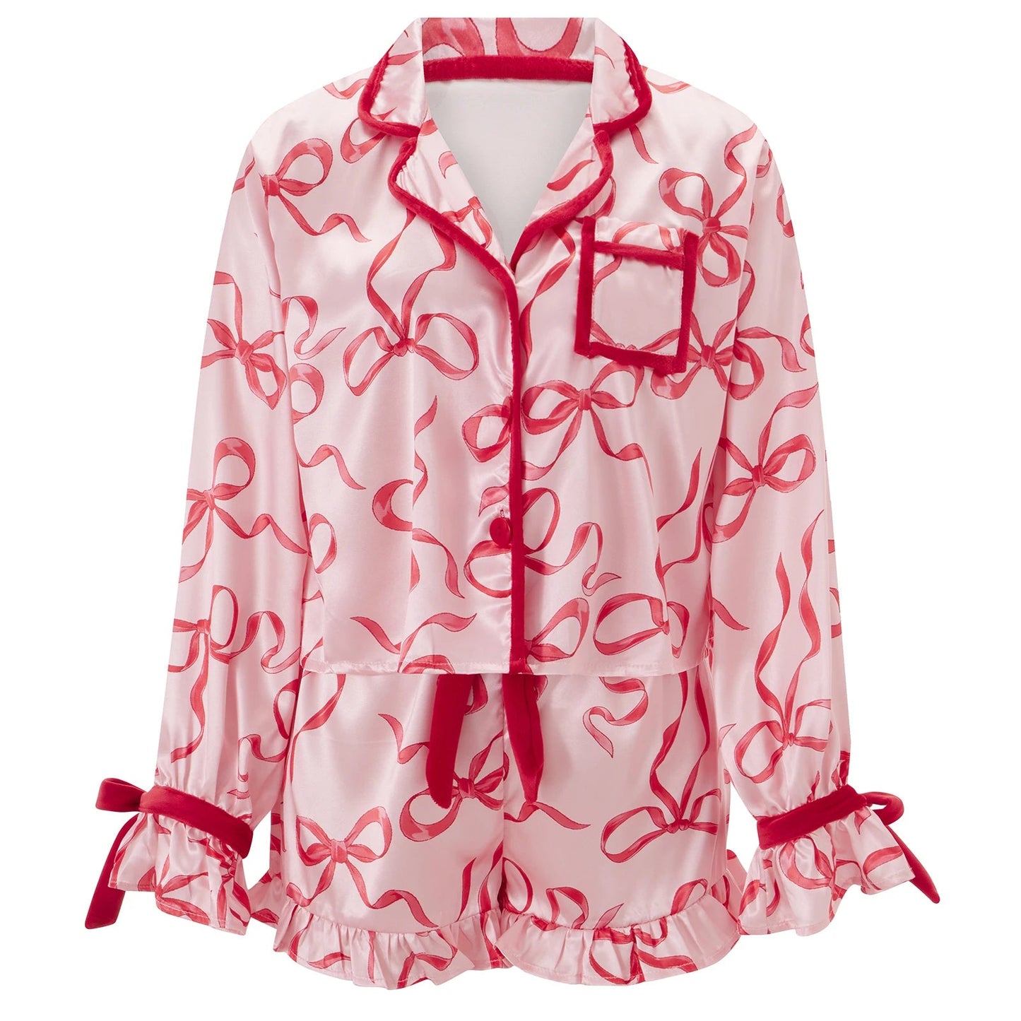 Women 2 Piece Christmas Pajamas Cute Bow Tie Long Sleeve Santa Claus Shirts Ruffles Boxer Shorts Satin Silk Xmas Pjs Sets - MAGUSTA BEAUTY