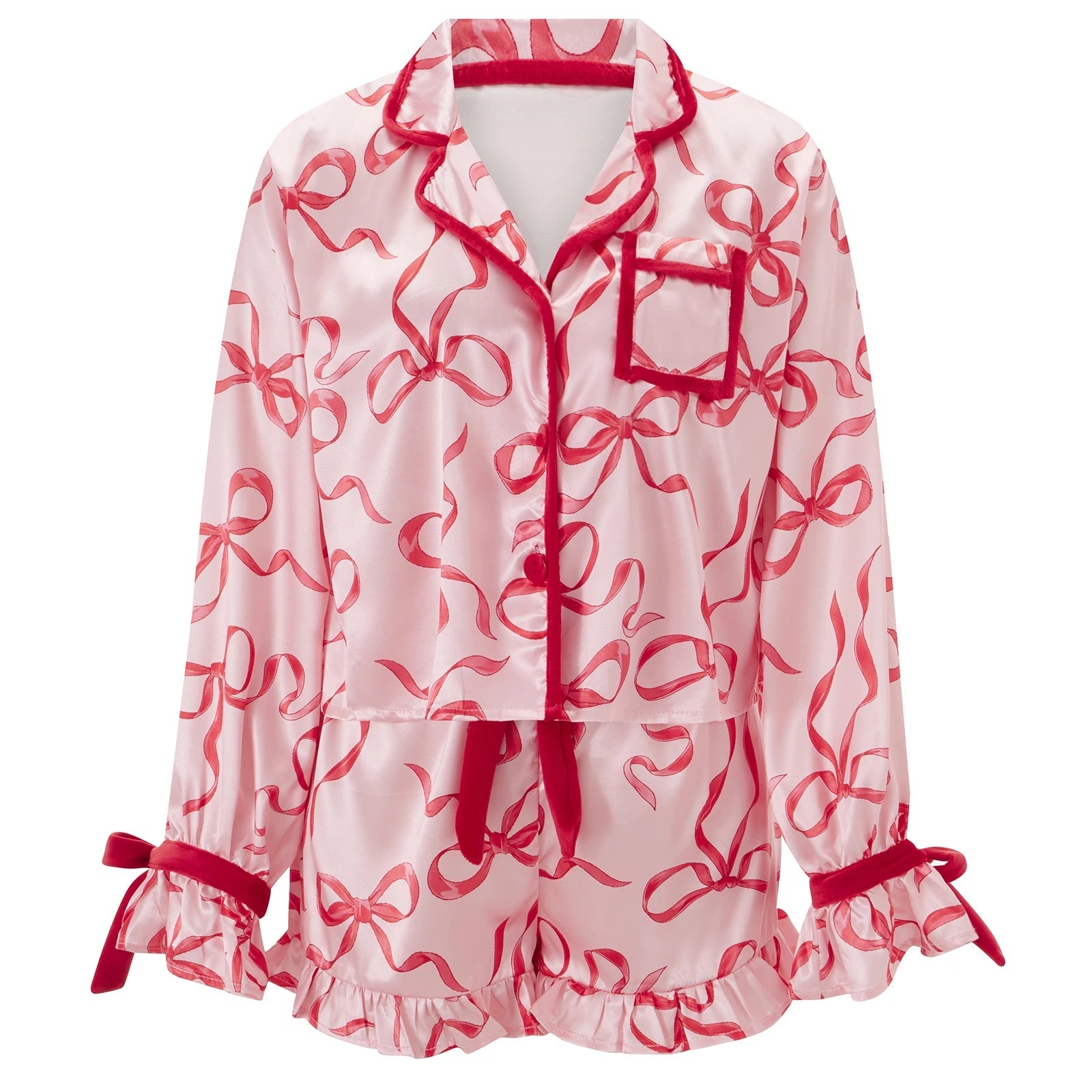 Women 2 Piece Christmas Pajamas Cute Bow Tie Long Sleeve Santa Claus Shirts Ruffles Boxer Shorts Satin Silk Xmas Pjs Sets - MAGUSTA BEAUTY