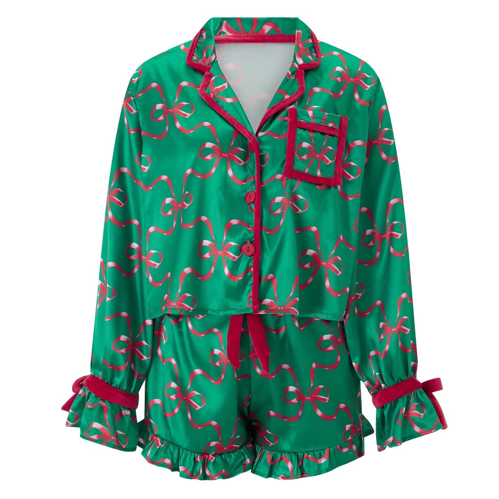Women 2 Piece Christmas Pajamas Cute Bow Tie Long Sleeve Santa Claus Shirts Ruffles Boxer Shorts Satin Silk Xmas Pjs Sets - MAGUSTA BEAUTY