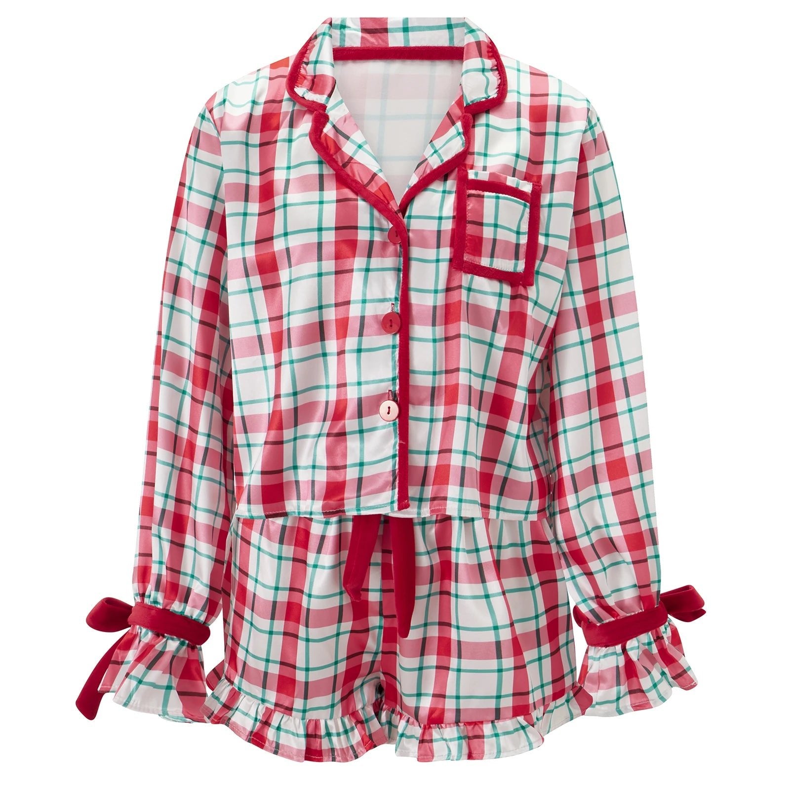Women 2 Piece Christmas Pajamas Cute Bow Tie Long Sleeve Santa Claus Shirts Ruffles Boxer Shorts Satin Silk Xmas Pjs Sets - MAGUSTA BEAUTY