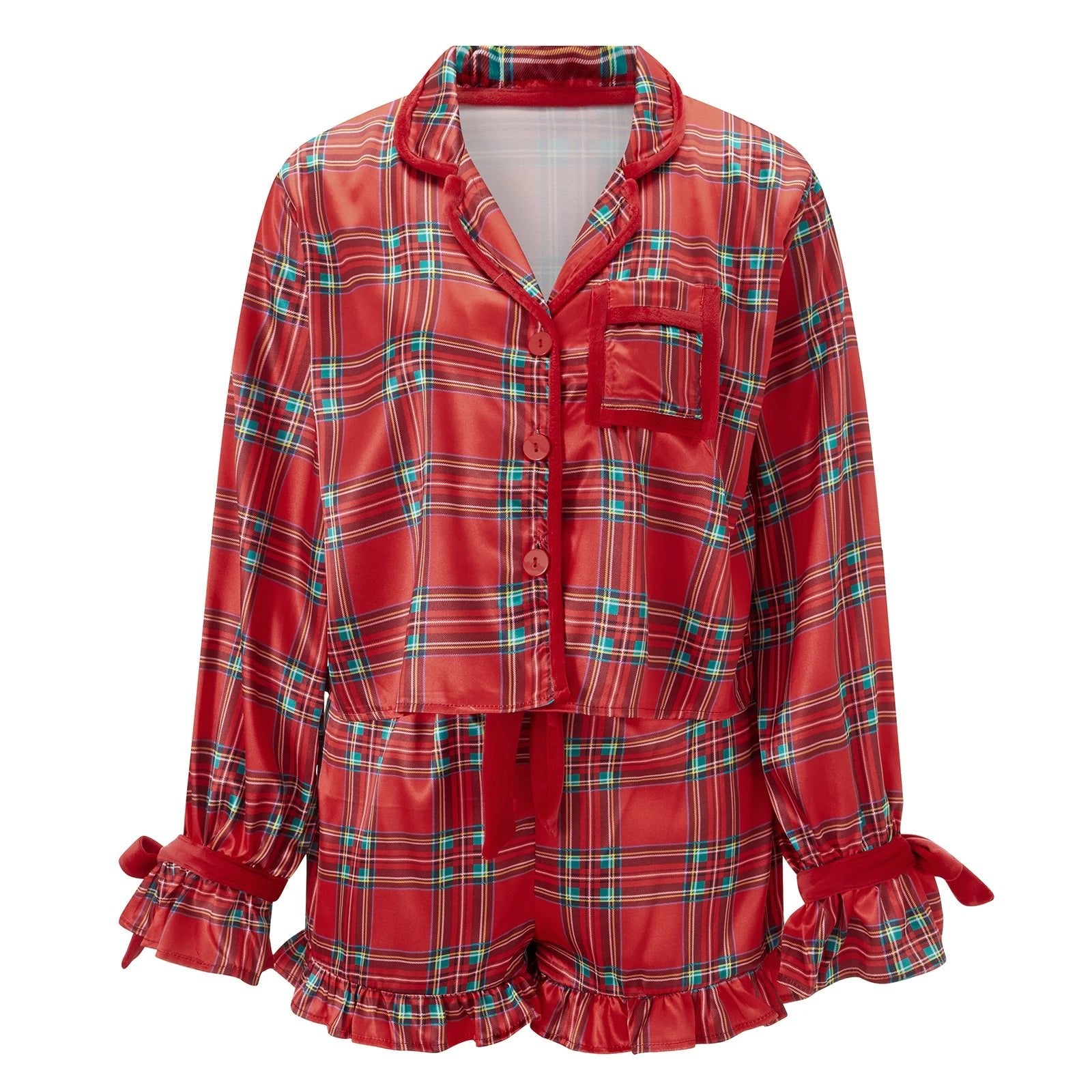 Women 2 Piece Christmas Pajamas Cute Bow Tie Long Sleeve Santa Claus Shirts Ruffles Boxer Shorts Satin Silk Xmas Pjs Sets - MAGUSTA BEAUTY