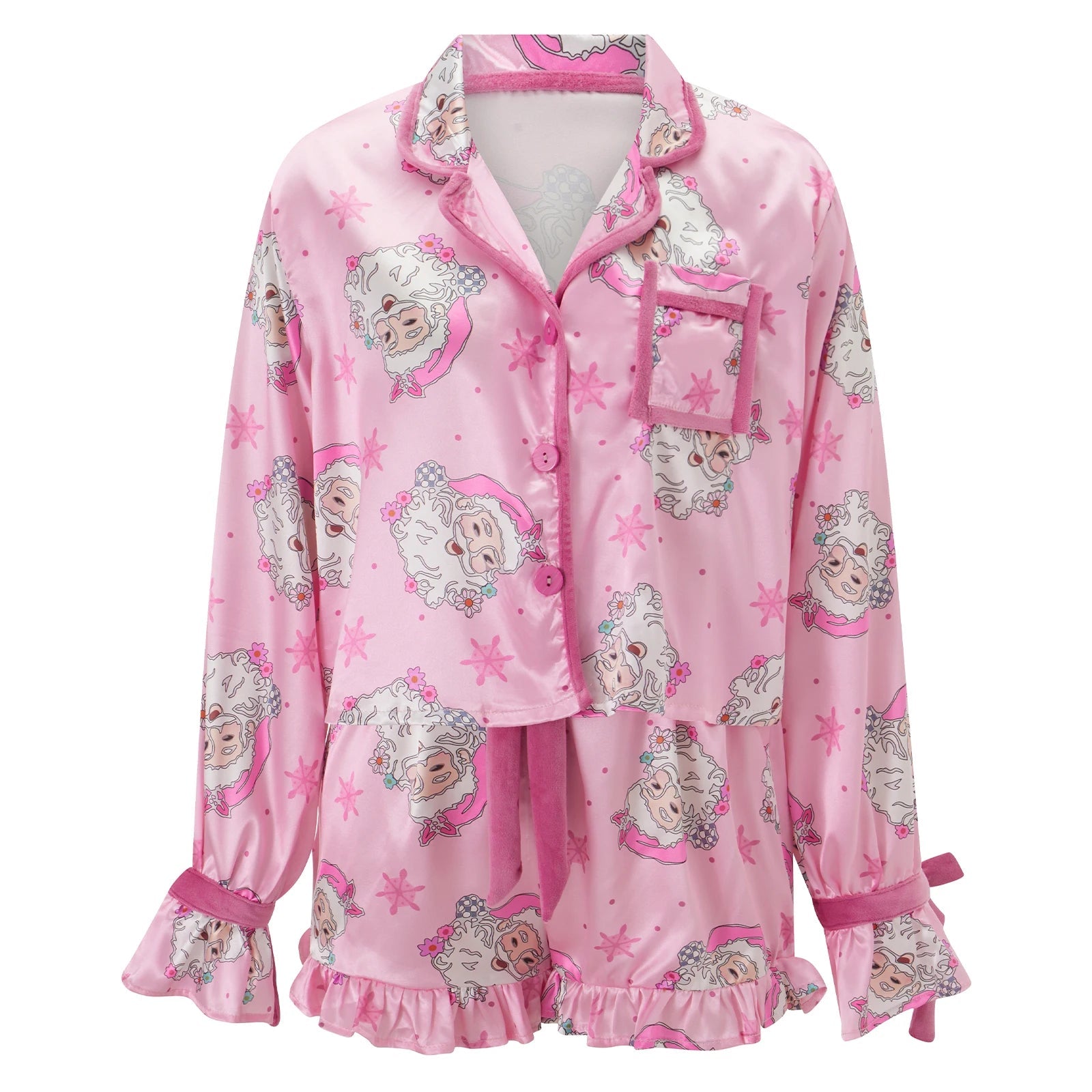 Women 2 Piece Christmas Pajamas Cute Bow Tie Long Sleeve Santa Claus Shirts Ruffles Boxer Shorts Satin Silk Xmas Pjs Sets - MAGUSTA BEAUTY