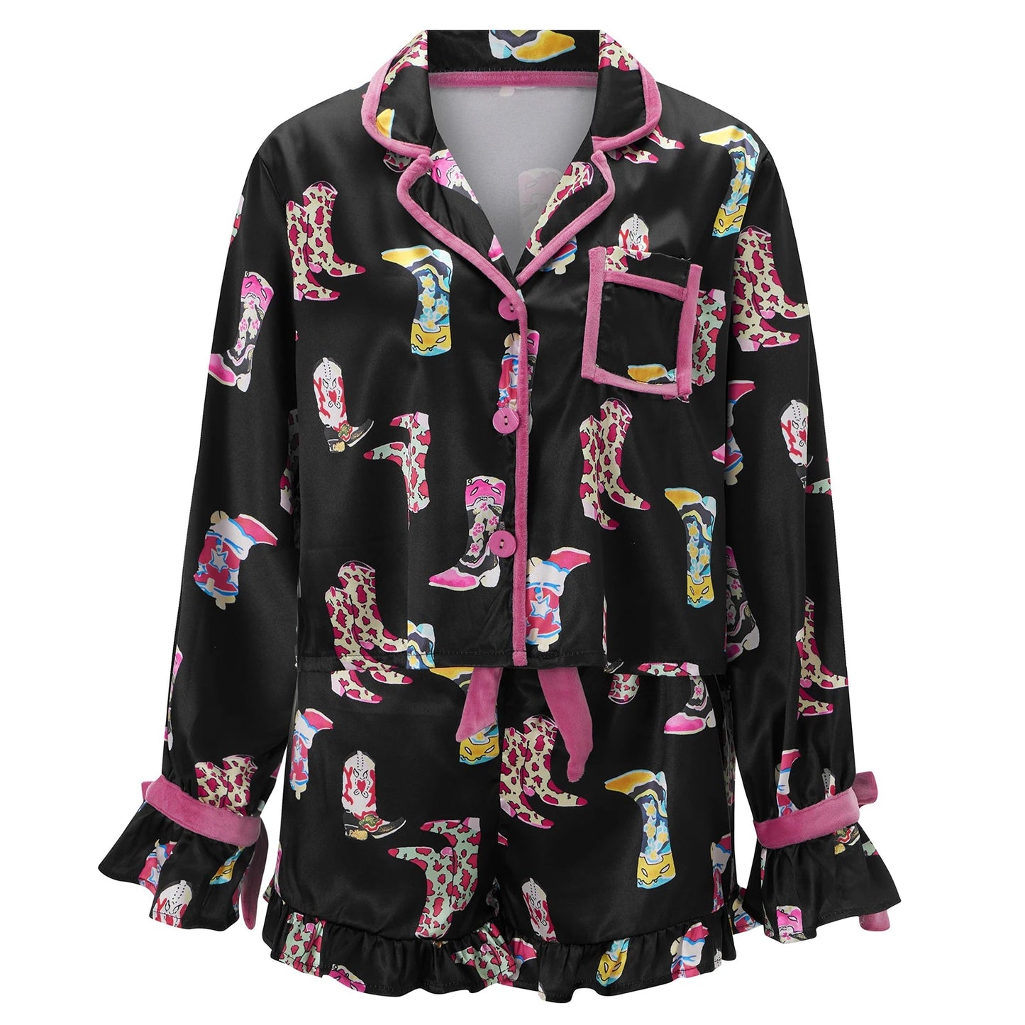Women 2 Piece Christmas Pajamas Cute Bow Tie Long Sleeve Santa Claus Shirts Ruffles Boxer Shorts Satin Silk Xmas Pjs Sets - MAGUSTA BEAUTY