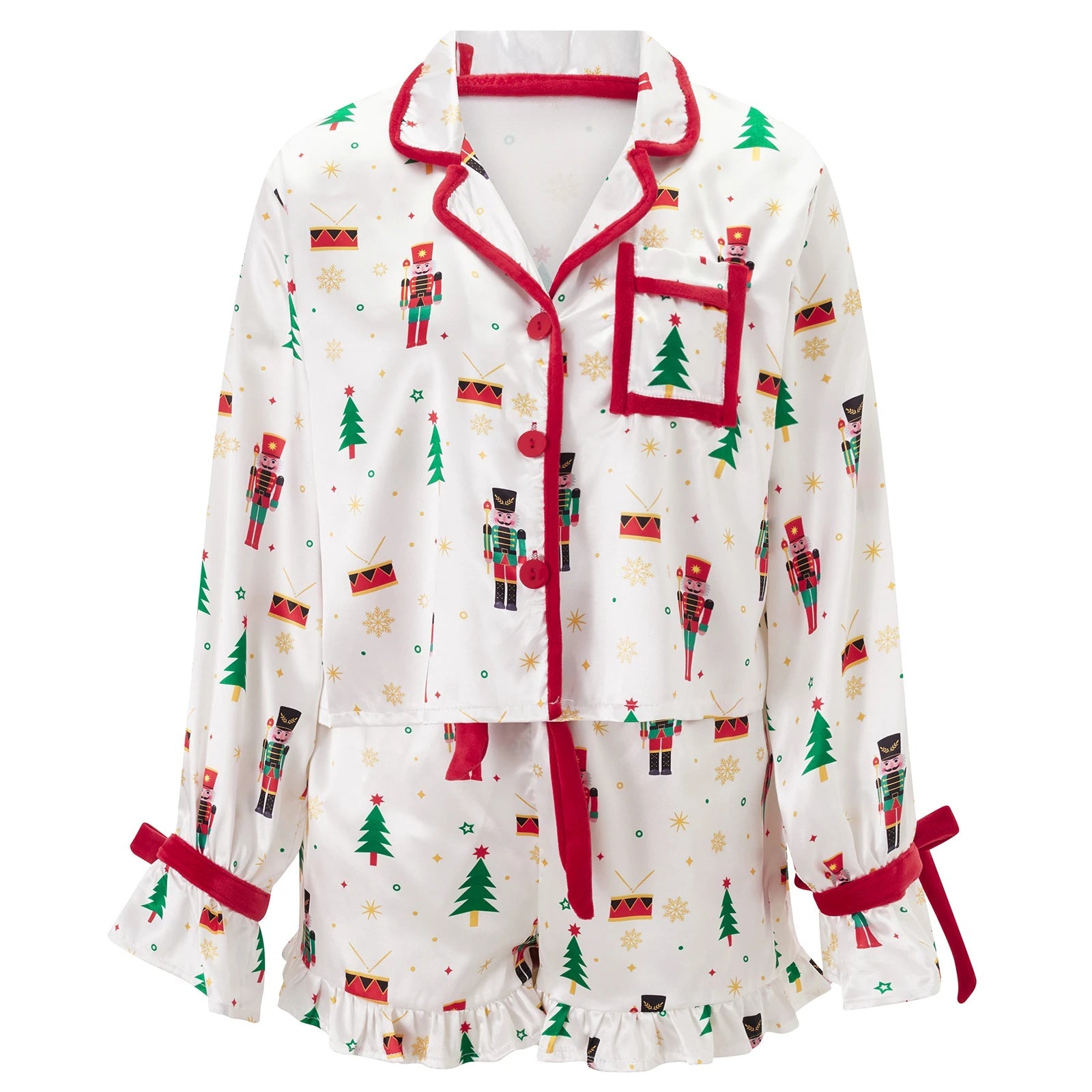 Women 2 Piece Christmas Pajamas Cute Bow Tie Long Sleeve Santa Claus Shirts Ruffles Boxer Shorts Satin Silk Xmas Pjs Sets - MAGUSTA BEAUTY