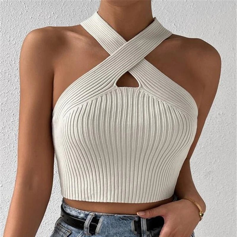 Women 2026 Summer Knit Cross Neck Crop Tops Sexy Slim Solid Backless Sleeveless Tank Tops Elastic Rib Design Underwear Camisoles - MAGUSTA BEAUTY