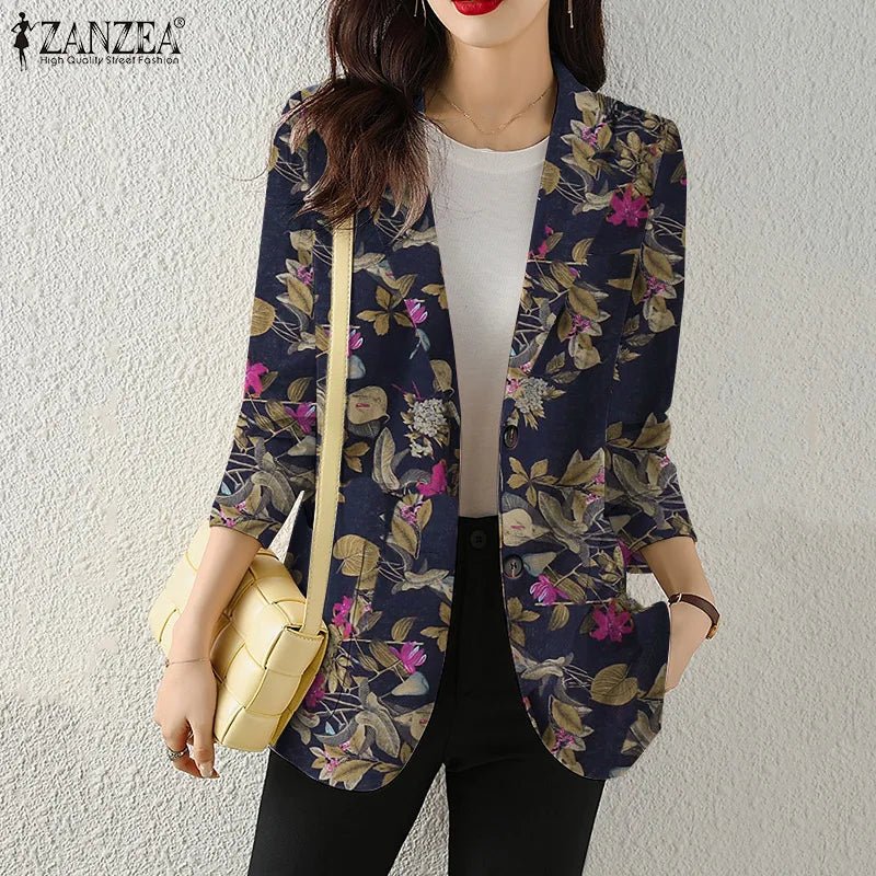 Women Autumn Blazer Retro Printed Coats Casual Long Sleeve Floral Outerwear ZANZEA Female Single Button Lapel Jackets Oversize - MAGUSTA BEAUTY