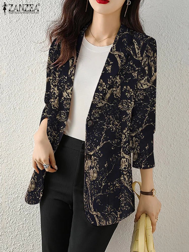 Women Autumn Blazer Retro Printed Coats Casual Long Sleeve Floral Outerwear ZANZEA Female Single Button Lapel Jackets Oversize - MAGUSTA BEAUTY