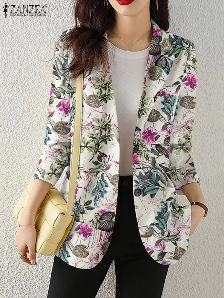 Women Autumn Blazer Retro Printed Coats Casual Long Sleeve Floral Outerwear ZANZEA Female Single Button Lapel Jackets Oversize - MAGUSTA BEAUTY
