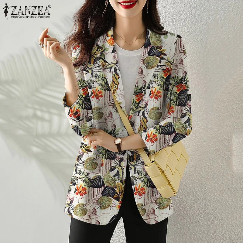 Women Autumn Blazer Retro Printed Coats Casual Long Sleeve Floral Outerwear ZANZEA Female Single Button Lapel Jackets Oversize - MAGUSTA BEAUTY
