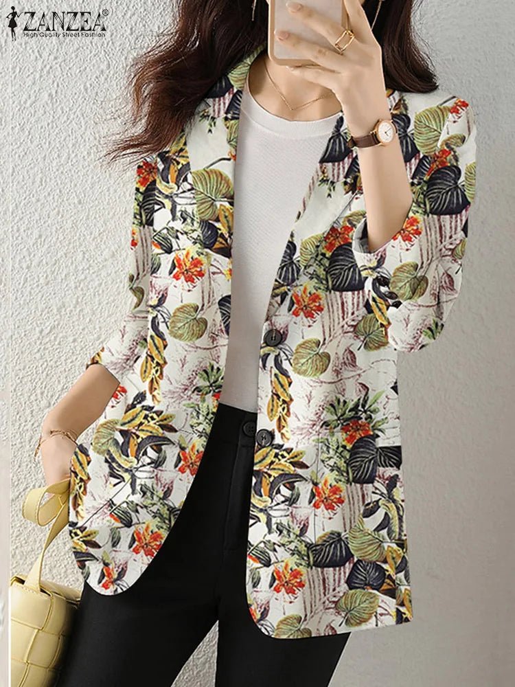 Women Autumn Blazer Retro Printed Coats Casual Long Sleeve Floral Outerwear ZANZEA Female Single Button Lapel Jackets Oversize - MAGUSTA BEAUTY