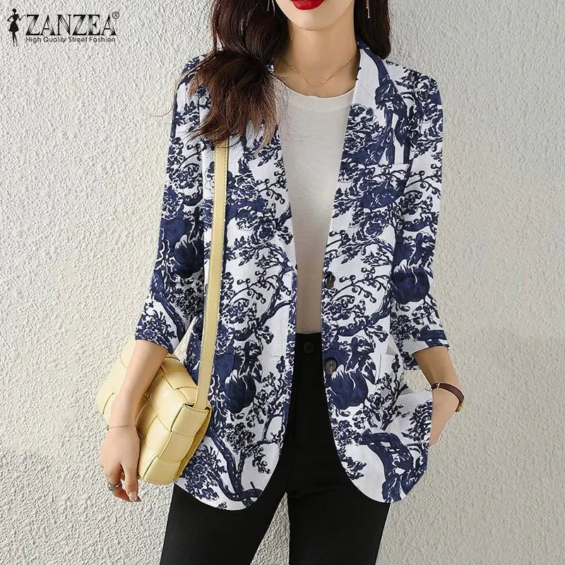 Women Autumn Blazer Retro Printed Coats Casual Long Sleeve Floral Outerwear ZANZEA Female Single Button Lapel Jackets Oversize - MAGUSTA BEAUTY