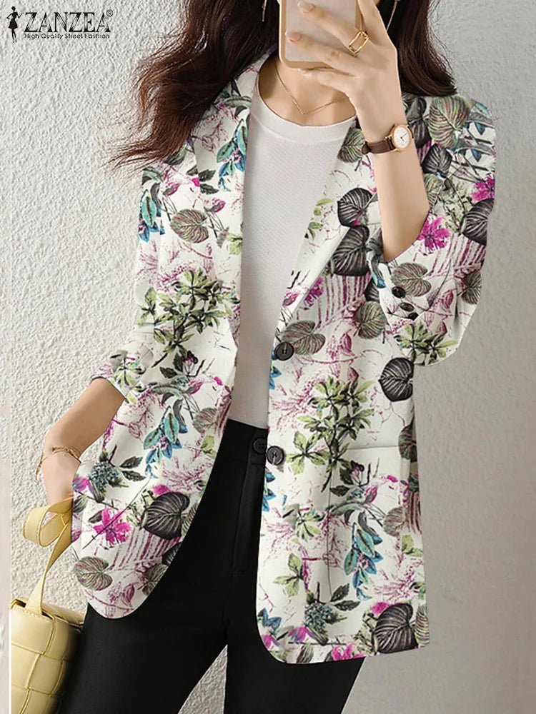 Women Autumn Blazer Retro Printed Coats Casual Long Sleeve Floral Outerwear ZANZEA Female Single Button Lapel Jackets Oversize - MAGUSTA BEAUTY