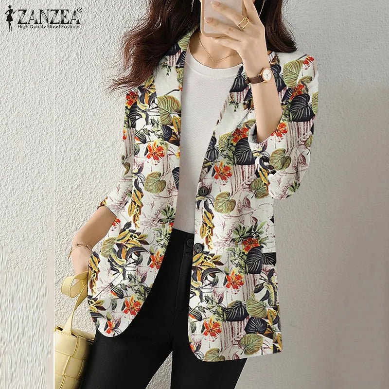 Women Autumn Blazer Retro Printed Coats Casual Long Sleeve Floral Outerwear ZANZEA Female Single Button Lapel Jackets Oversize - MAGUSTA BEAUTY