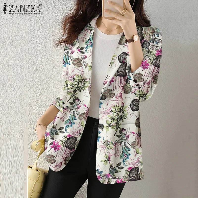 Women Autumn Blazer Retro Printed Coats Casual Long Sleeve Floral Outerwear ZANZEA Female Single Button Lapel Jackets Oversize - MAGUSTA BEAUTY