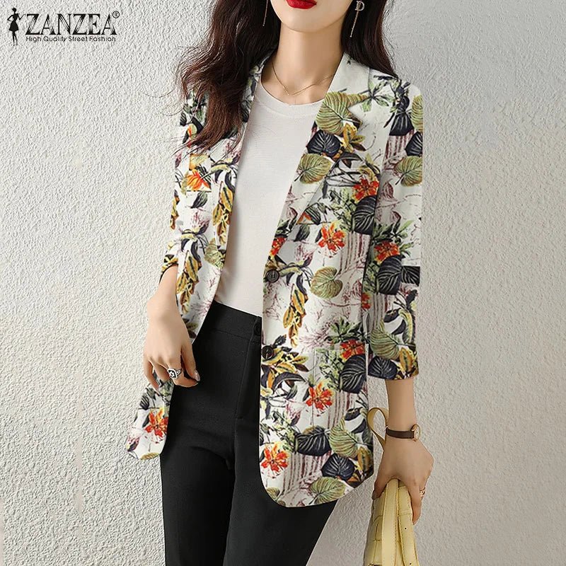 Women Autumn Blazer Retro Printed Coats Casual Long Sleeve Floral Outerwear ZANZEA Female Single Button Lapel Jackets Oversize - MAGUSTA BEAUTY
