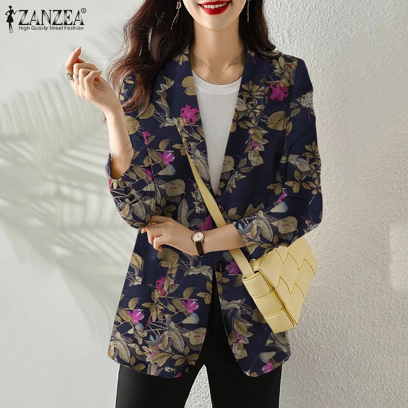 Women Autumn Blazer Retro Printed Coats Casual Long Sleeve Floral Outerwear ZANZEA Female Single Button Lapel Jackets Oversize - MAGUSTA BEAUTY